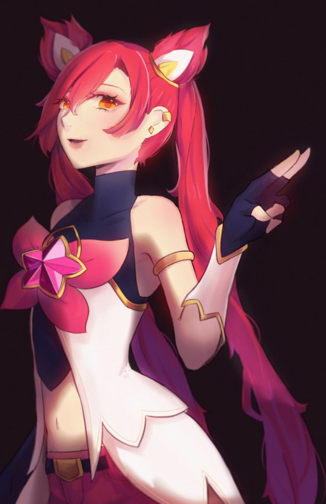 star guardian jinx from league of legends. girl with red pigtails